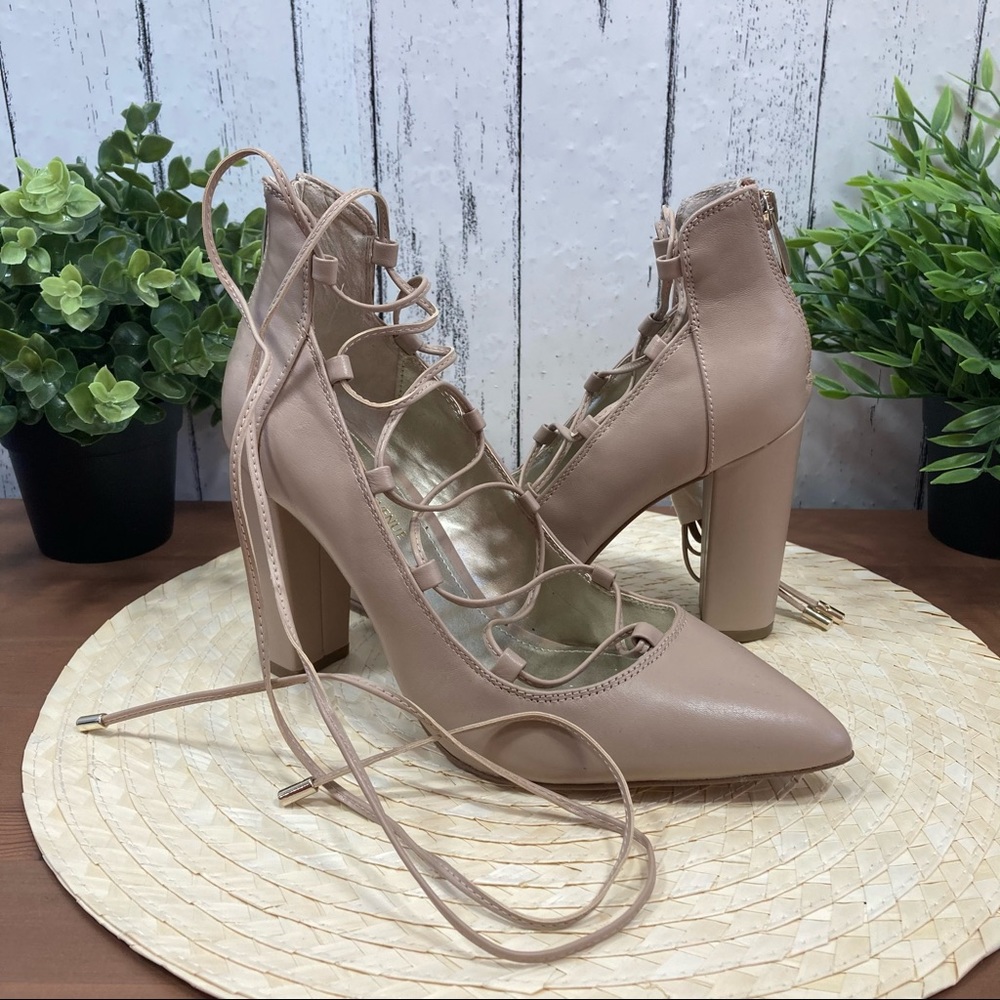 Saks Fifth Avenue Nude Lace-Up Pointed Toe Block Heels